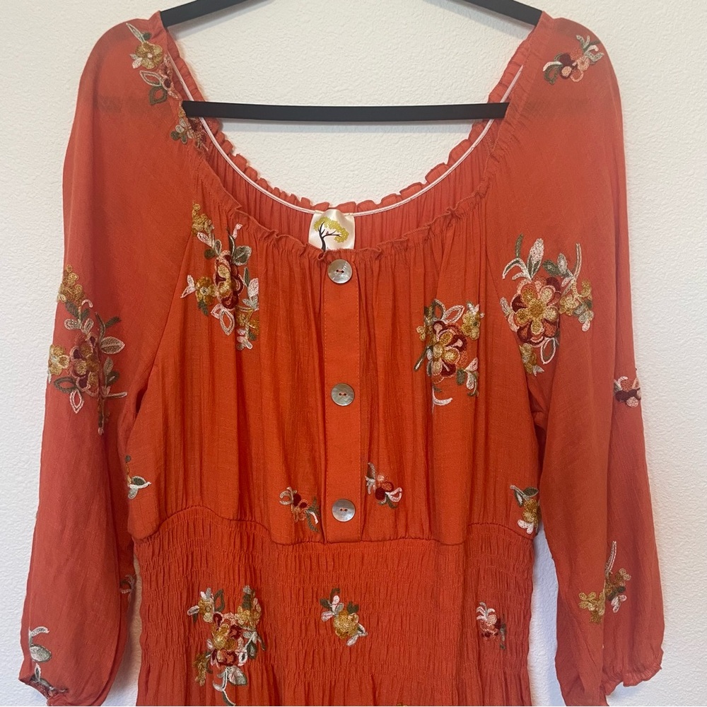 Fig and Flower Orange Embroidered Floral Smocked Tiered Ruffle Maxi Dress Wms XL